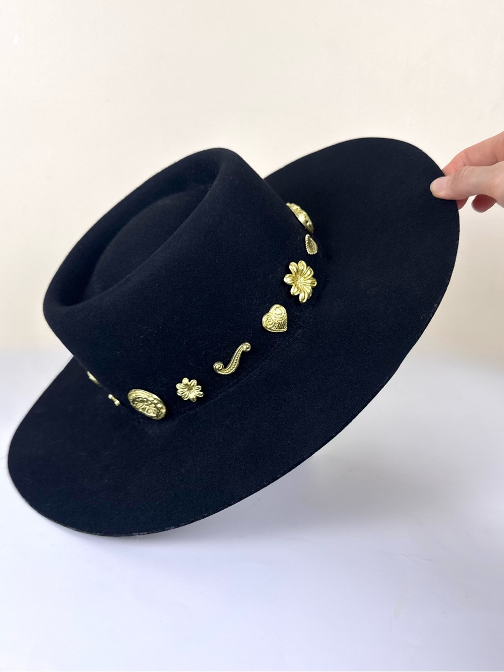 Lack of Color Cosmic Boater Hat Black Wool Gold Charms from Free People